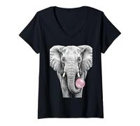 Women's Majestic Elephant Blowing Pink Bubble Gum Art V-Neck T-Shirt