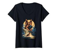 Women's Majestic German Shepherd Under Moon Waterfall Scene V-Neck T-Shirt