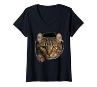 Women's Majestic Highlander Cat Amber Eyes Peeking Through V-Neck T-Shirt