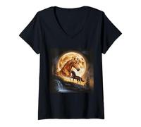 Women's Majestic Horse Under a Full Moon and Waterfall Scene V-Neck T-Shirt