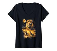 Women's Majestic Lion Cub Full Moon Savanna Night Sky V-Neck T-Shirt