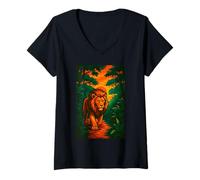 Womens Majestic Lion in Sunset Jungle, Wildlife Art V-Neck T-Shirt