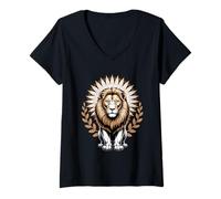 Womens Majestic Lion with Sun Halo and Laurel Wreath Leo V-Neck T-Shirt