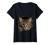 Women's Majestic Maine Cat Amber Eyes Peeking Through V-Neck T-Shirt