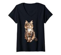 Women's Majestic Maine Coon Cat Watercolor Portrait V-Neck T-Shirt