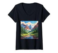 Womens Majestic Mountain Valley Art Snowy Peaks Pine Tree Stream V-Neck T-Shirt