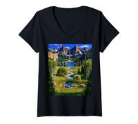Women's Majestic Mountain Waterfall Serene Valley Landscape V-Neck T-Shirt