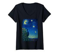 Womens Majestic Peacock Fanning Tail in Van Gogh Starry Night World V-Neck T-Shirt