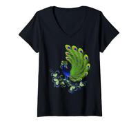 Women's Majestic Peacock Feathers Floral Nature Artwork V-Neck T-Shirt