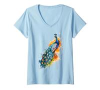 Women's Majestic Peacock Watercolor Bird Artwork V-Neck T-Shirt