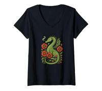 Womens Majestic Red Dragon with Bright Poppy Flower Fantasy Design V-Neck T-Shirt