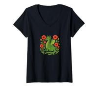 Womens Majestic Red Dragon with Bright Poppy Flower Fantasy Design V-Neck T-Shirt