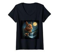 Women's Majestic Squirrel Under the Moonlight Sky Nature Scene V-Neck T-Shirt