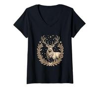 Womens Majestic Stag Laurel Wreath Celestial Stars Woodland Deer V-Neck T-Shirt