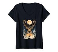 Women's Majestic Stag Winter Forest Moon V-Neck T-Shirt