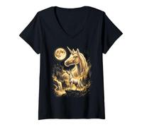 Women's Majestic Unicorn Moonlit Waterfall Fantasy V-Neck T-Shirt