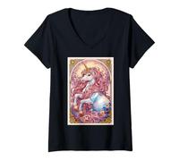 Womens Majestic Unicorn Pink Hair Flower Magic Creature Fantasy V-Neck T-Shirt