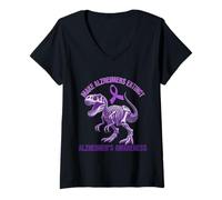 Womens Make Alzheimer's Extinct Tyrannosaurus Rex Skeleton Awarenes V-Neck T-Shirt