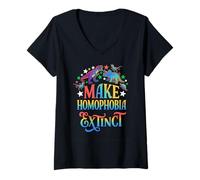 Women's Make Homophobia Extinct Rainbow Dinosaur Pride V-Neck T-Shirt
