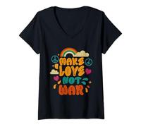 Womens Make Love Not War Groovy Peace Love 60s 70s Retro Design V-Neck T-Shirt
