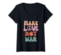 Womens Make Love Not War Hippie 70s Peace Daisy Funny V-Neck T-Shirt