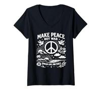 Women's Make Peace Not War Retro Peace Sign Dove Sunset Floral Unity V-Neck T-Shirt