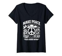 Women's Make Peace Spread Love Not War Retro Peace Sign Dove Floral V-Neck T-Shirt
