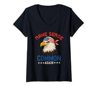 Womens Make Sense Common Again Funny Politics American Flag Eagle V-Neck T-Shirt