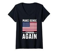 Womens Make Sense Common Again Funny Politics Saying American Flag V-Neck T-Shirt