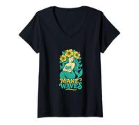 Womens Make Waves Hibiscus Mermaid Aesthetic Summer Tropical Ocean V-Neck T-Shirt