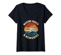 Womens Making Cruise Waves and Memories, Retro Vacation Graphic V-Neck T-Shirt