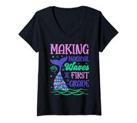 Womens Making Magical Waves In 1st Grade Cute Mermaid Teacher Kids V-Neck T-Shirt