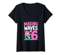 Women's Making Waves At 6 Mermaid Birthday Girl V-Neck T-Shirt
