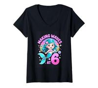 Women's Making Waves At 6 Mermaid Sixth Birthday Girl V-Neck T-Shirt