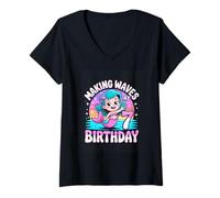 Women's Making Waves At 7 Birthday Mermaid Girl Party V-Neck T-Shirt