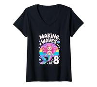 Women's Making Waves At 8 Cute Mermaid Birthday Girl V-Neck T-Shirt
