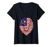 Women's Malaysia Flag Colors Lion Head V-Neck T-Shirt