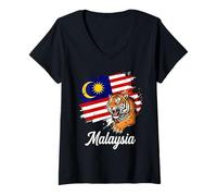 Women's Malaysia Flag Roaring Tiger Patriotism Art V-Neck T-Shirt