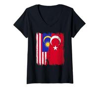 Womens Malaysia Turkey Half Flag Turkiye Malaysian Turkish Heritage V-Neck T-Shirt