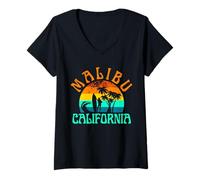 Womens Malibu Beach California Surf Surfer Retro Sunset Girls V-Neck T-Shirt