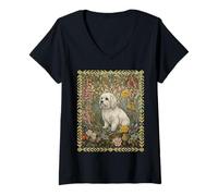 Women's Maltese Dog William Morris Cottagecore Floral V-Neck T-Shirt
