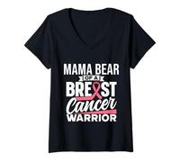 Womens Mama Bear of A Breast Cancer Warrior Support Breast Cancer V-Neck T-Shirt