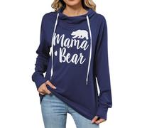 Women's Mama Bear Print Cowl Neck Hooded Sweatshirt Drawstring Pullover Top
