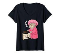 Womens Mama Cat Smoking A Cigarette Making Food in Pink Robe V-Neck T-Shirt