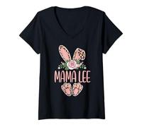 Women's Mama LEE Cute Leopard Bunny Ears Floral Easter V-Neck T-Shirt
