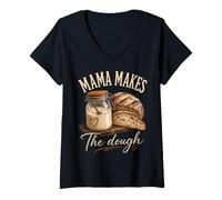 Women's Mama Makes The Dough Cottagecore Sourdough Bread Baker V-Neck T-Shirt
