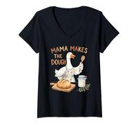 Women's Mama Makes The Dough Funny Sourdough Baking Goose Design V-Neck T-Shirt