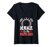 Womens Mama of The Fast One 1St Birthday Racing Car Family V-Neck T-Shirt