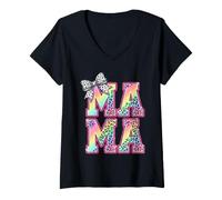 Women's Mama Rainbow Leopard Print Polka Dot Bow V-Neck T-Shirt