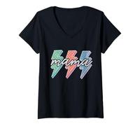Women's Mama Retro Checkered Lightning Bolt Colorful 70s Art V-Neck T-Shirt